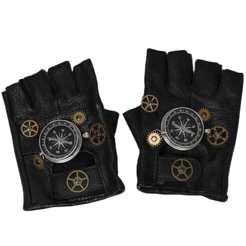 Steampunk PU Couro Luvas De Bússola Sem Dedos Homens Mulheres Moda Hip Hop Punk Meio Dedo