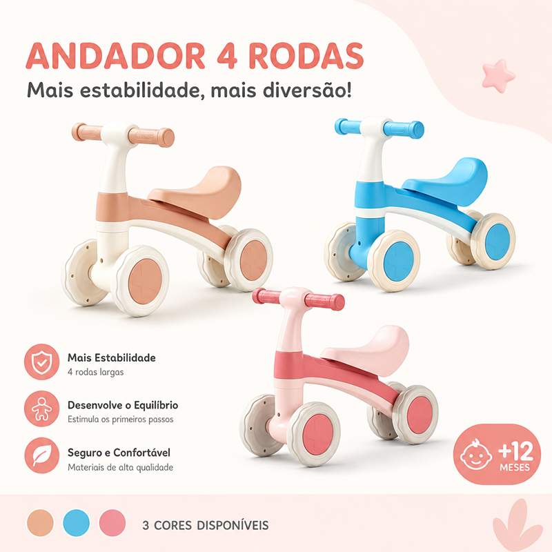 Bicicleta de Equilíbrio Infantil Sem Pedal 4 Rodas Segura, Andador Ajustável em Altura Resistente para Crianças 2-6 Anos