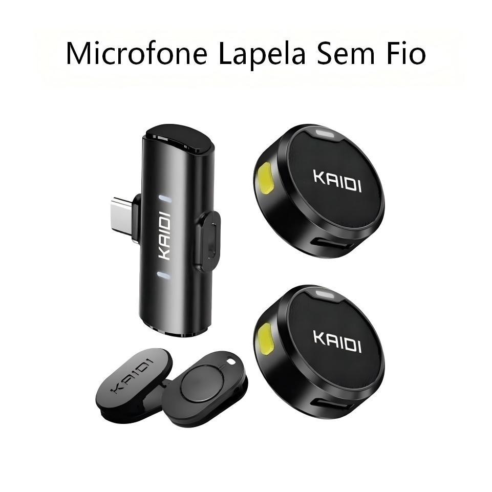 Microfone Lapela Sem Fio Duplo Kaidi Profissional Portátil Imã Redondo Anti Ruído Tipo C iPhone Gravação Celular