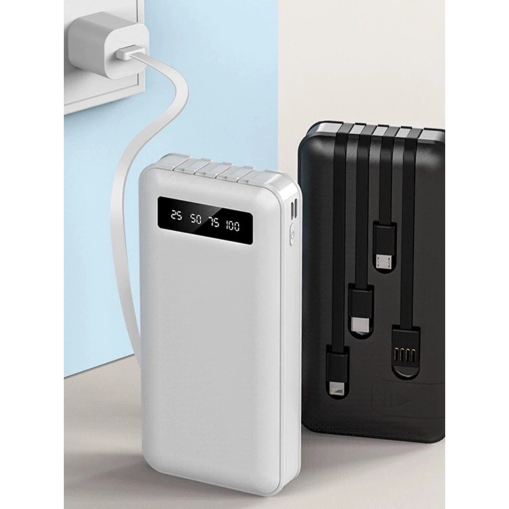 Power Bank Portátil 20000mAh com 4 Cabos Carregador Universal para Celular, Mundial