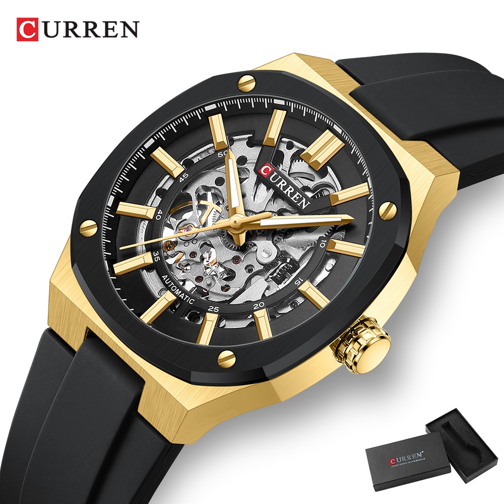 CURREN Relógio Mecânico Automático Masculino Esqueleto Volante Luminoso À Prova D'água Luxo 8485