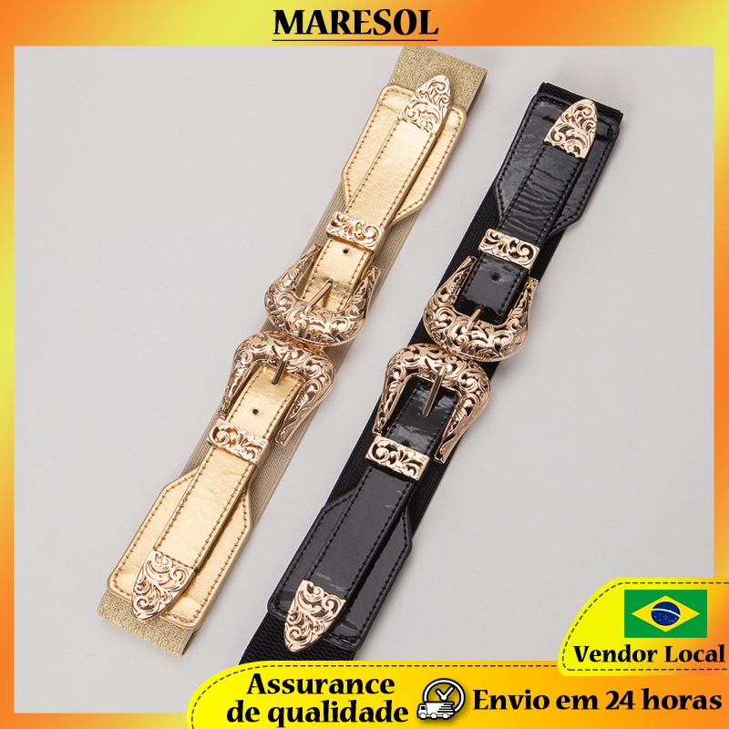MARESOL Senhoras Retro Esculpida Fivela Oca Cinto Largo Fivela Dupla Elástica Cinto All-Match Preto