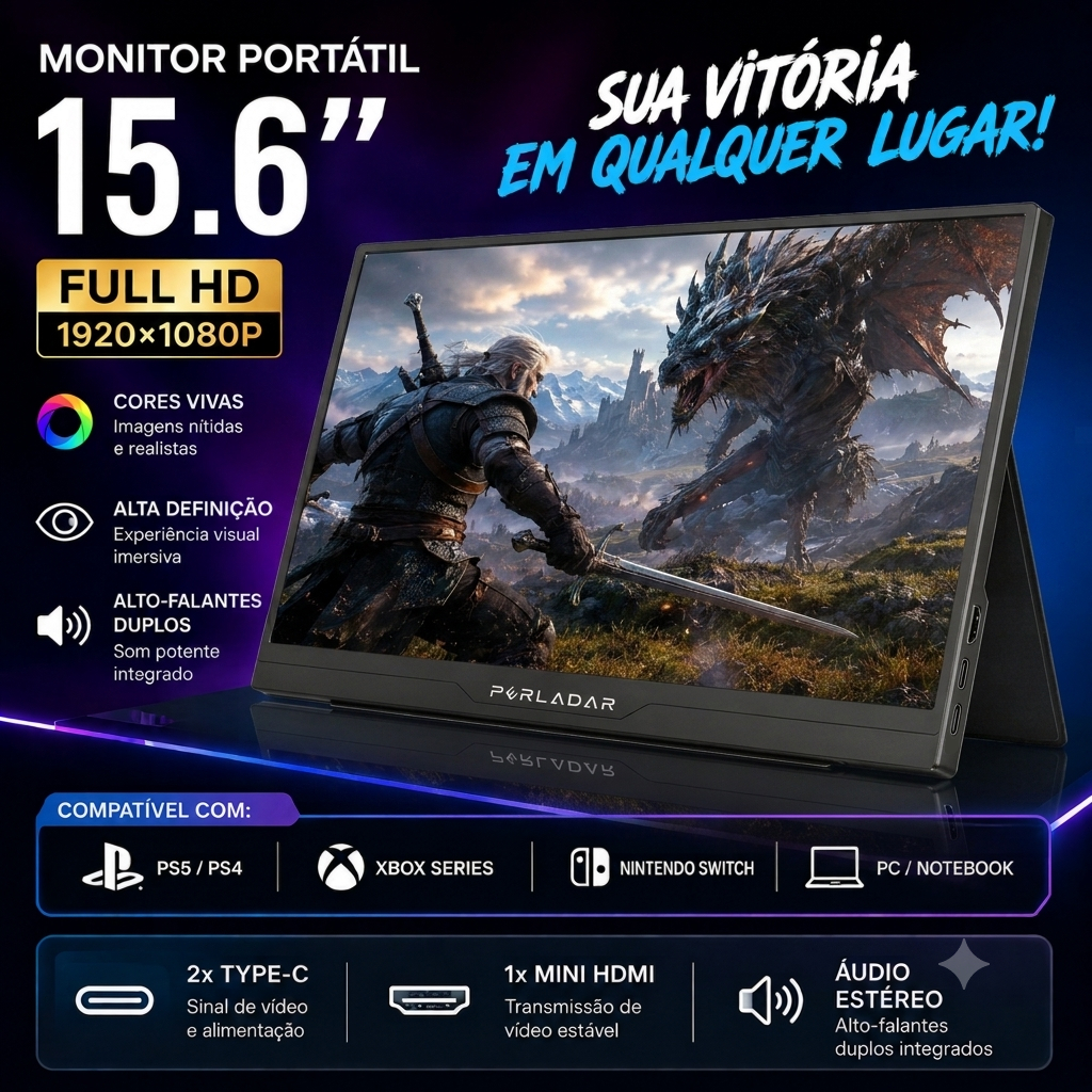 Monitor Portátil Gamer 15.6" FHD 1080P IPS - Ideal p/ PS5, Xbox, Switch e Celular, Alta Fidelidade de Cor, C/ Capa