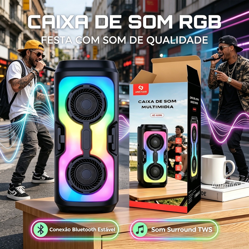 Caixa de som Bluetooth 5.4 Portátil Longa Duração Com Led RGB FM USB TWS 50W Para Praia, Festa ou Viagem