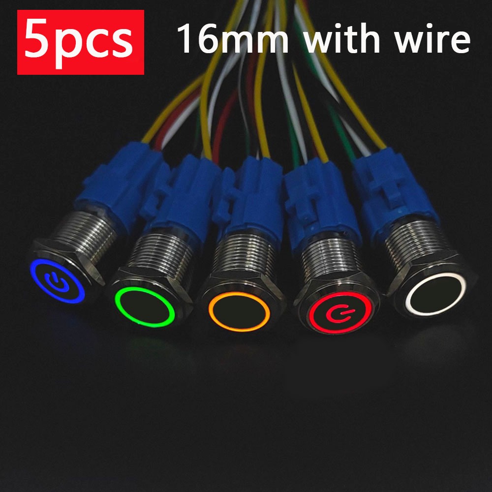 Interruptor De Botão De Metal De 16 Mm Para Travamento Momentâneo De Carro 5V 12v 220V  Com Fio 5pcs