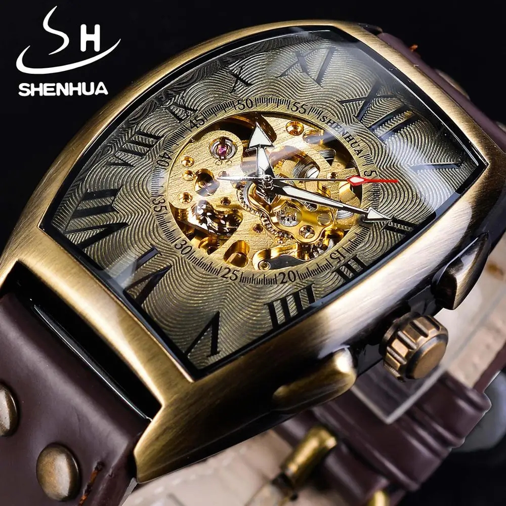 SHENHUA Vitage Masculino Esqueleto Relógios Masculinos Mecânicos Automáticos Pulseira De Couro Tonneau Dial Ponteiro Lum
