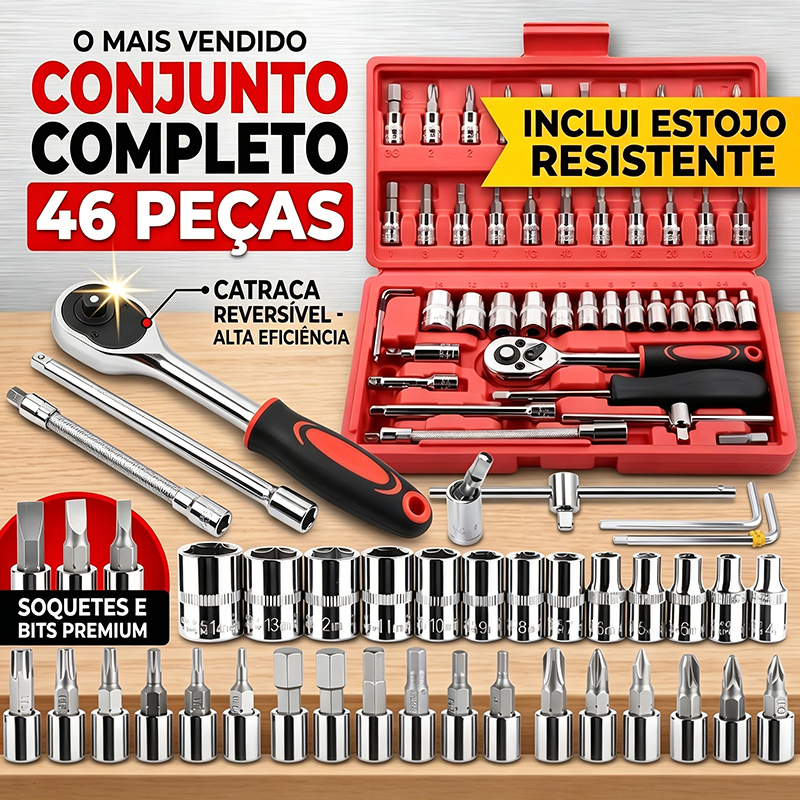 Kit 46 De Ferramentas Peças Jogo De Soquetes Chave Catraca Reversível Com Maleta Jogo  Ferramentas Completo