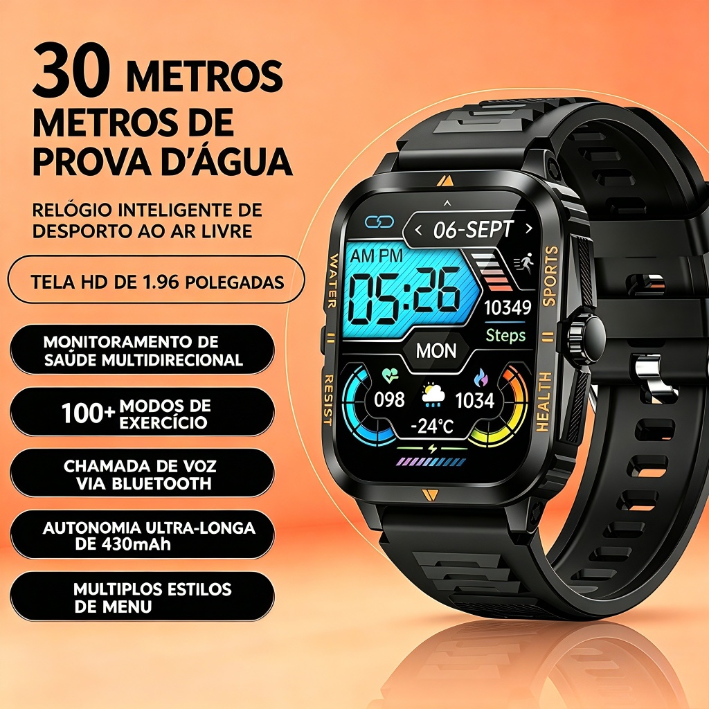 Smartwatch Masculino Esportivo H02 30 Dias Bateria SpO2 Batimentos Caixa Metálica Resistente à Água 3ATM Frete Grátis