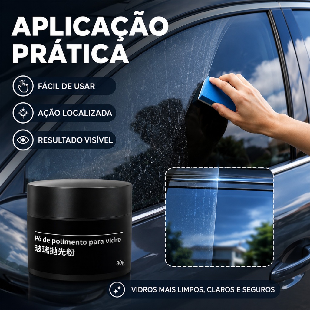 Pó de Polimento para Vidro de Carro – Remove Arranhões, Neblina e Manchas de Água para Para-Brisa, Faróis e Painel