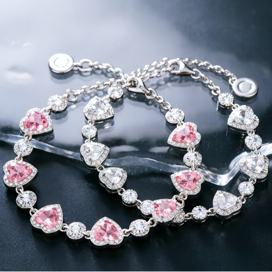 Pulseira feminina da moda 925, pulseira requintada brilhante Pavé com coração rosa, presente de dia dos namorados