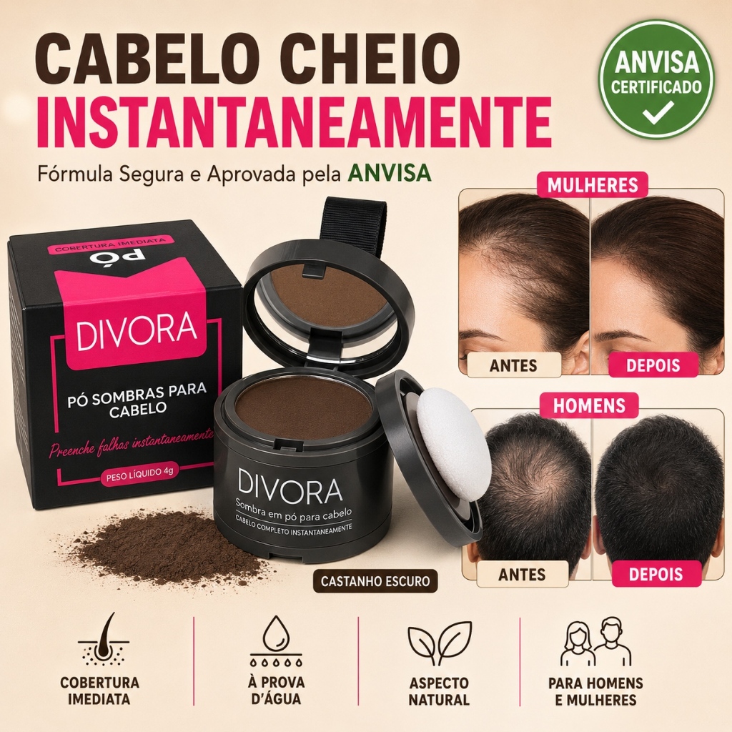 Pó reparador Divora, com alta capacidade e resistência à água, adequado para encher linhas finas e cabelos finos.