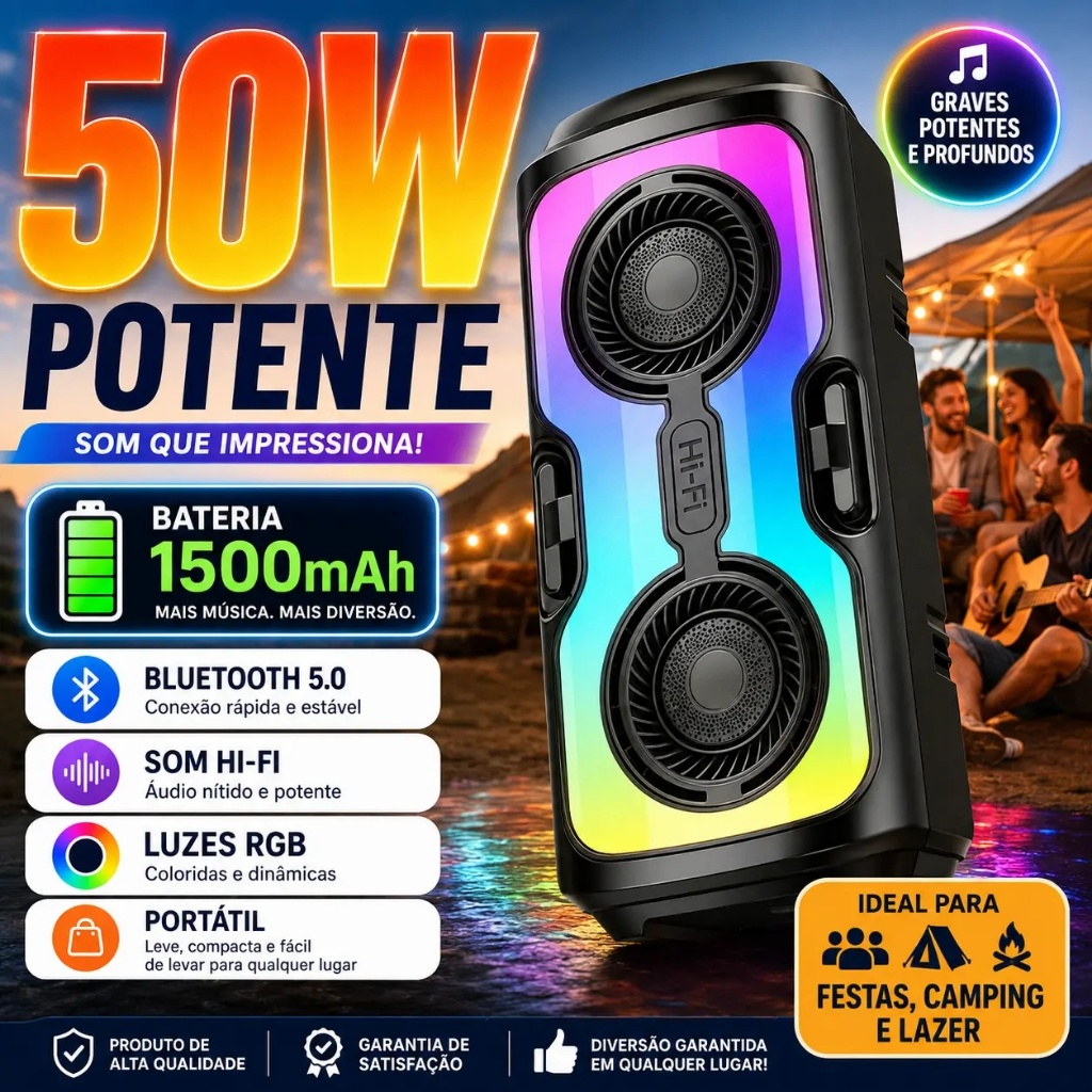Caixa De Som Bluetooth Portátil RGB Potente TWS USB Estéreo 50W Para Praia, Festa ou Viagem