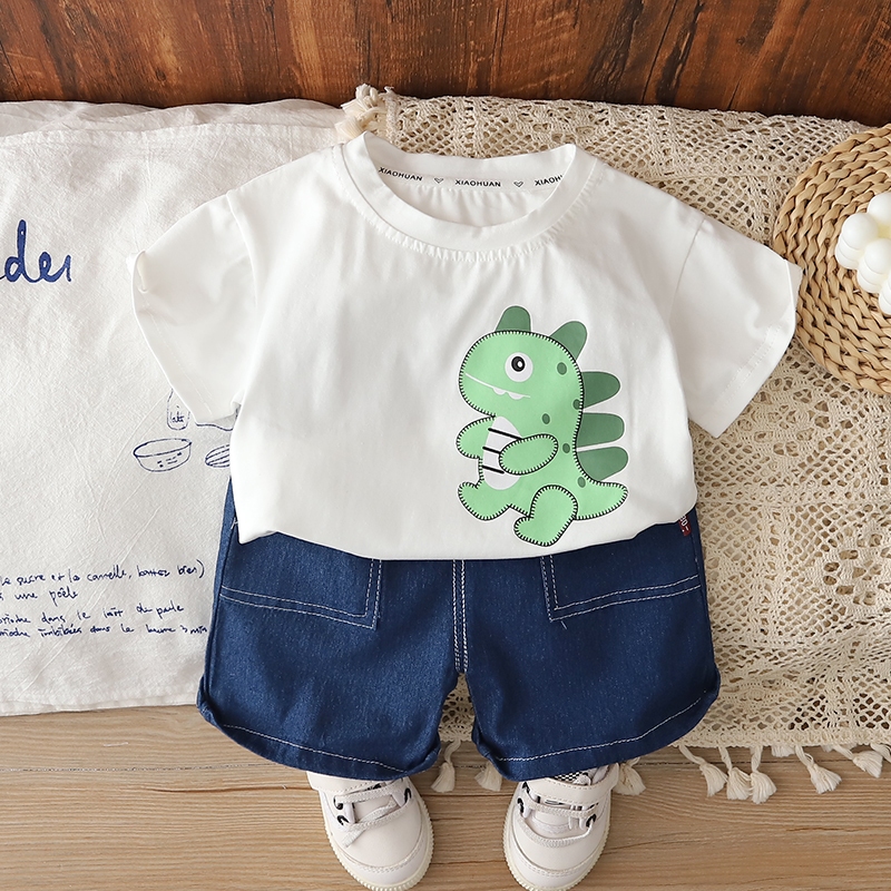 Bebê Meninos Dinossauro Camiseta E Shorts Jeans 2 Peças Conjunto Criança Roupa De Verão Crianças Roupas Casuais 0-5 Anos