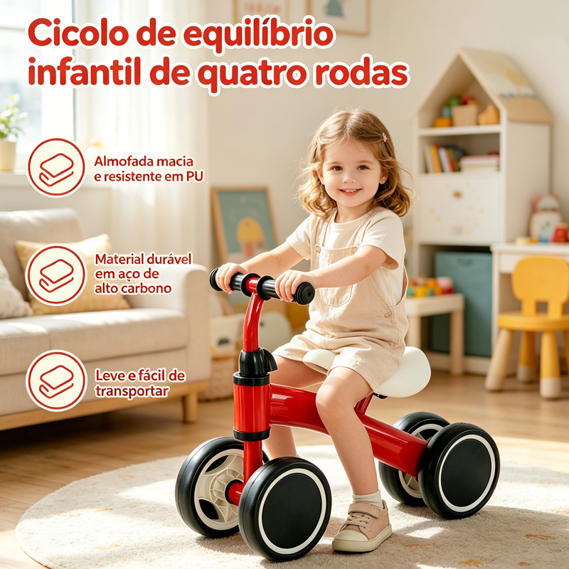 Bicicleta de Equilíbrio Infantil Sem Pedal 4 Rodas Segura, Andador Ajustável em Altura Resistente para Crianças de 2 a 6