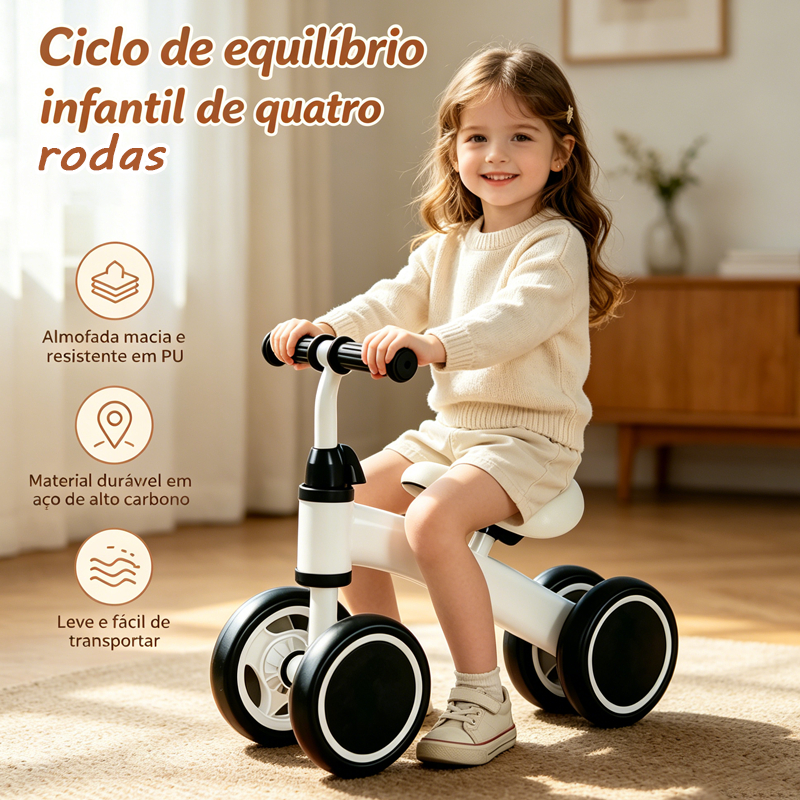 Bicicleta de Equilíbrio 4 Rodas Segura Sem Pedal Infantil, Andador com Freio Traseiro Assento Confortável para Crianças