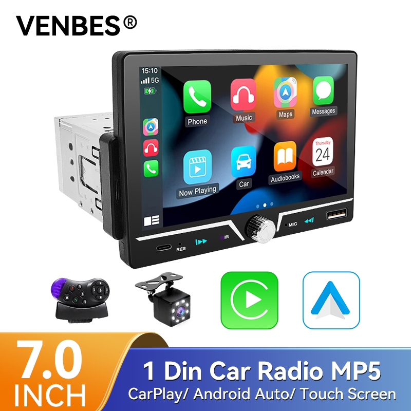 VENBES CarPlay Android Auto Multimídia 1DIN 7" Tela Touch MP5 Espelhamento Sem Fio Bluetooth USB