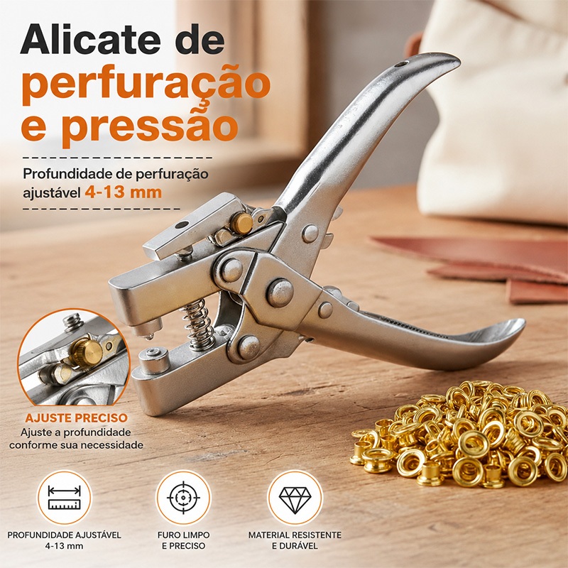 Alicates para ilhós 2 em 1 combina perfuração e instalação, e inclui 100 clipes para ilhós