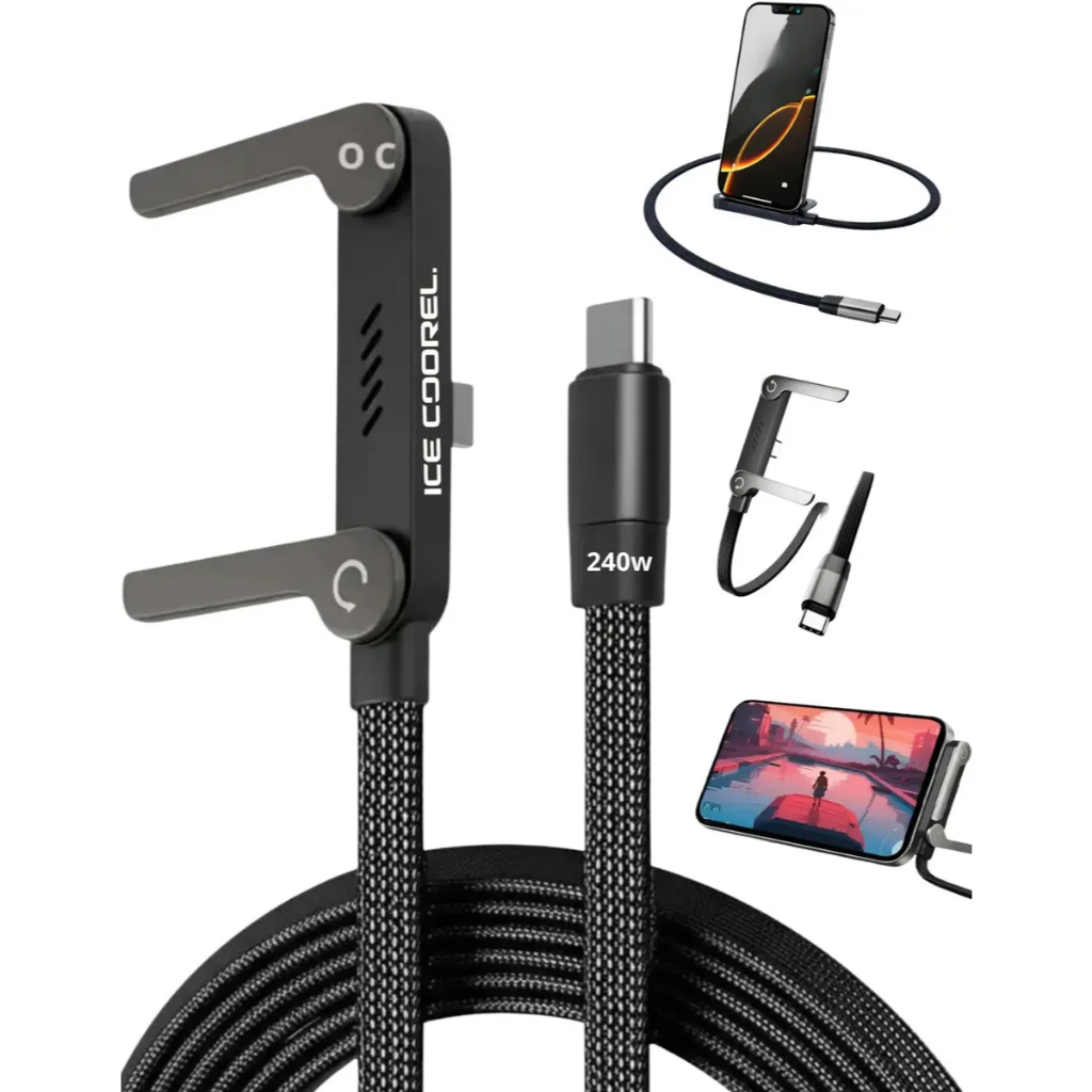 Cabo Turbo Tipo C 240W PD Carregador Com Suporte Dobrável Trançado 360°