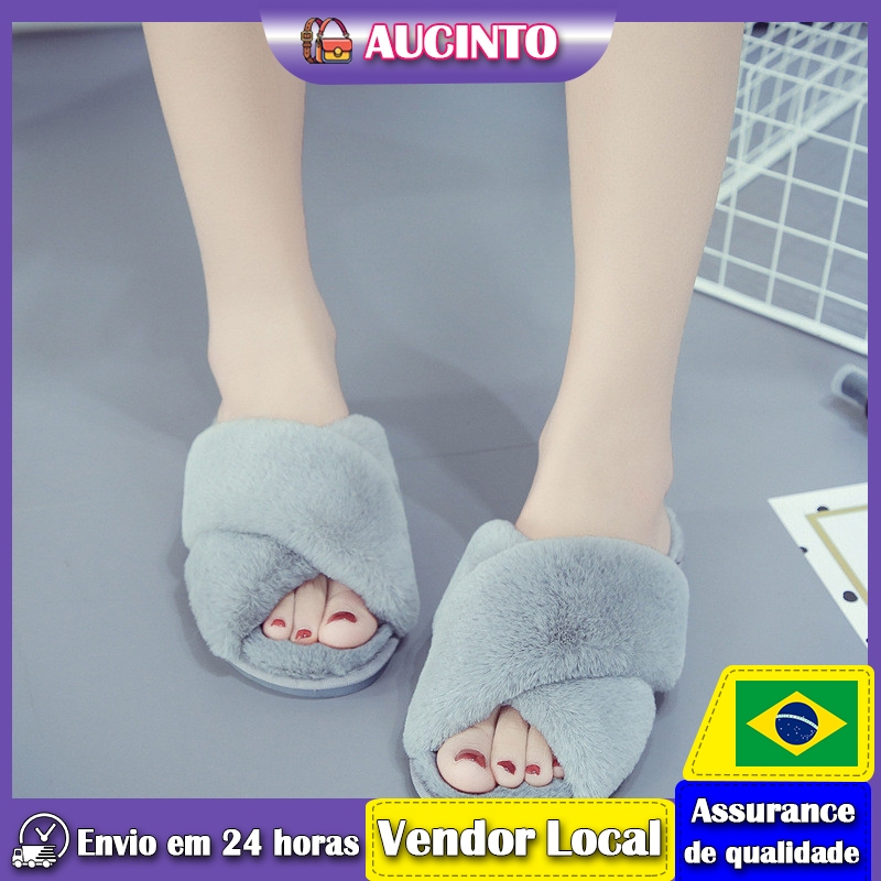 Aucinto cruz chinelos de pelúcia feminino inverno Plus Size interior pelúcia chinelos de chão plano dedo do pé aberto ch