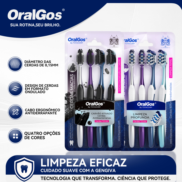 OralGos Escova de dente com carvão ativado, Kit 4un, Proteja a saúde bucal