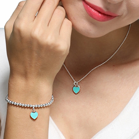 Kit Colares E Pulseiras Coração Azul Corrente De Prata 925 Com Pingente Letras