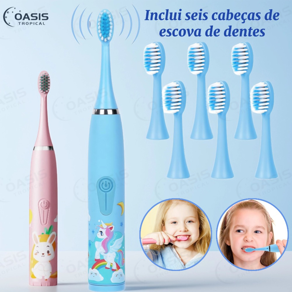 Escova Dental Elétrica Ultra-Sônica Para Crianças Acústica Onda Fofa Cabelos Suaves Dupla Face Limpa Cuidados