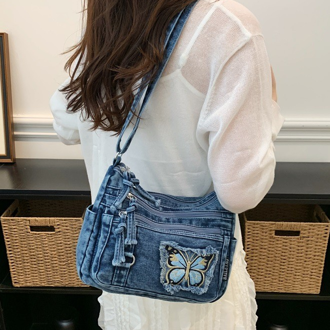 Bolsa de ombro com vários bolsos, bolsa jeans, bolsa borboleta elegante e combinada