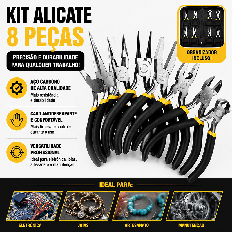 Kit 8 Alicates de Bijuteria DIY Artesanato Profissional Jóias Aço Inoxidável Mini Alicate