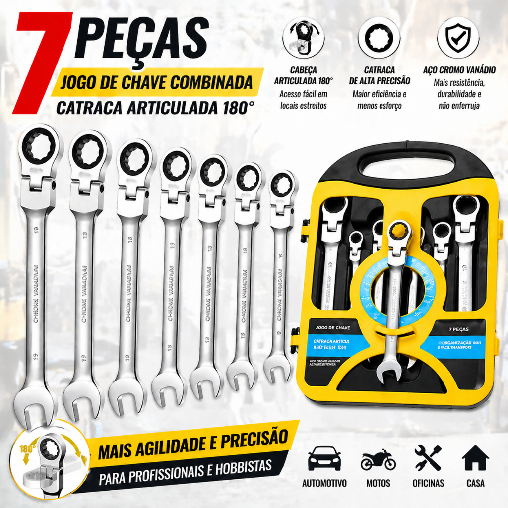 Kit 7 Peças Chave Ferramenta Combinada Catraca Boca Profissional, Entrega rápida