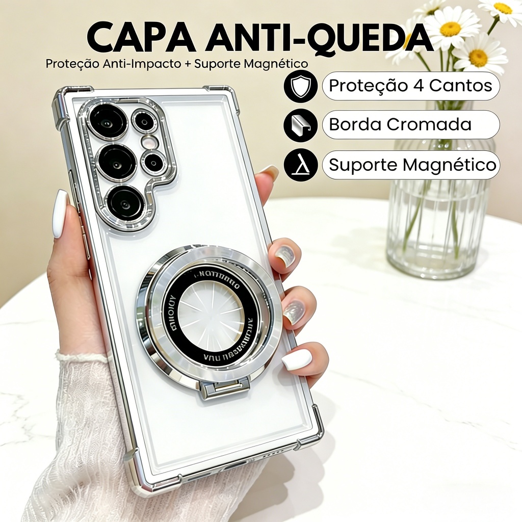 Capa Anti-Queda 4 Cantos Galvanizada Com Suporte Magnético Para Samsung Galaxy S26 S25 S24 S23 S22 S21 Ultra Plus