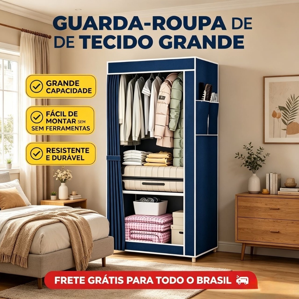 Guarda-Roupa de Tecido Dobrável com Cabideiro e Prateleiras