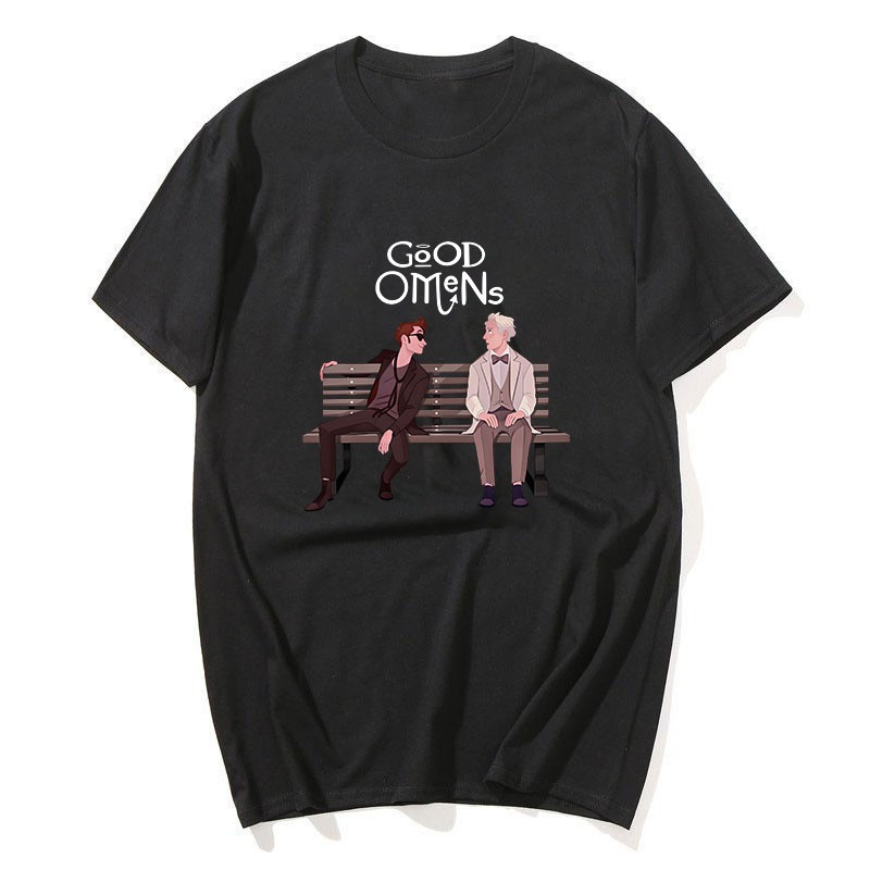 Bom Presságio Programa De Tv Camiseta Azirafale E Corwley Gráfico Retro Unisex Conforto T Camisa Em Torno Do Pescoço Cam