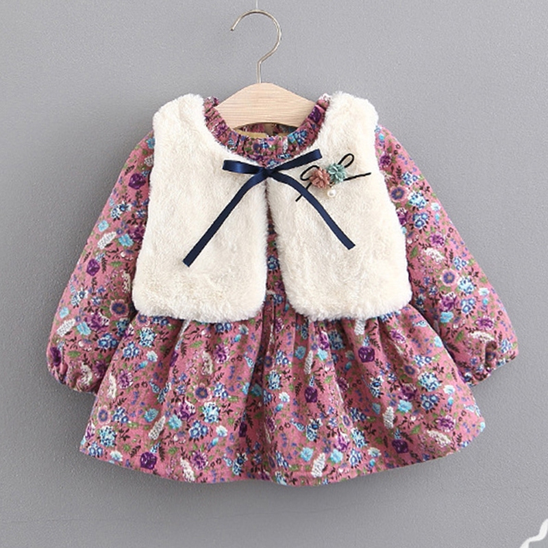 Vestido feminino terno vestido de pelúcia Floral de manga comprida + colete de pelúcia conjunto de 2 peças