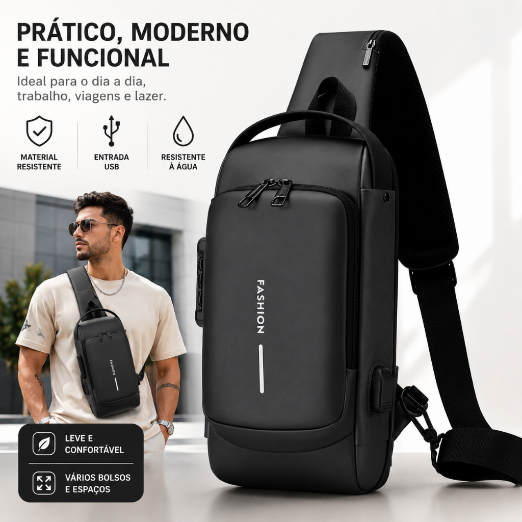Mochila de Ombro Transversal Compacta Unilateral USB trava de código Á prova d'água