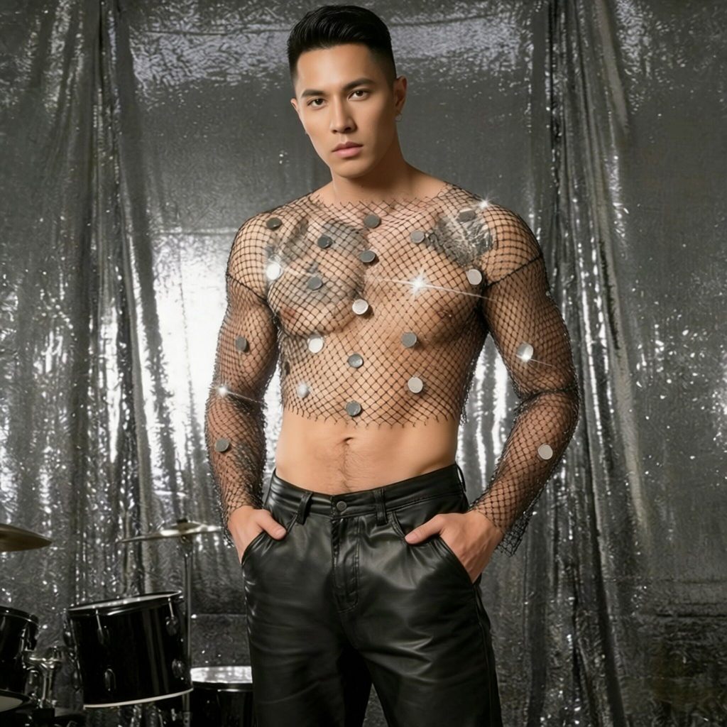 BD772 camiseta masculina europeia americana Sexy malha oca lantejoulas boate Bar desempenho perspectiva manga comprida t
