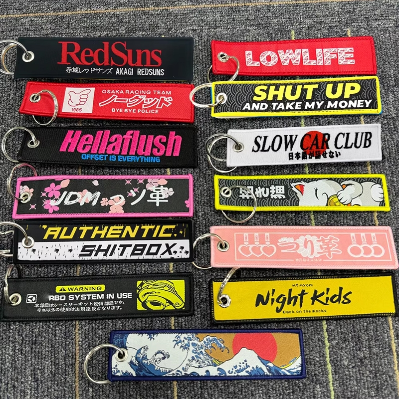 Novo Design JDM Cultura Tecido Duplo Logotipo Bordado Carro Auto Chaveiro Personalidade Moda Pano Chave Tag Acessórios