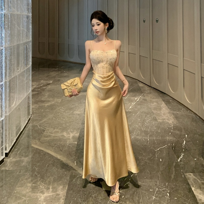 Festa francesa festa festa Sexy dourado estilingue vestido longo mais fino olhar renda Penny irmã sem mangas comprimento