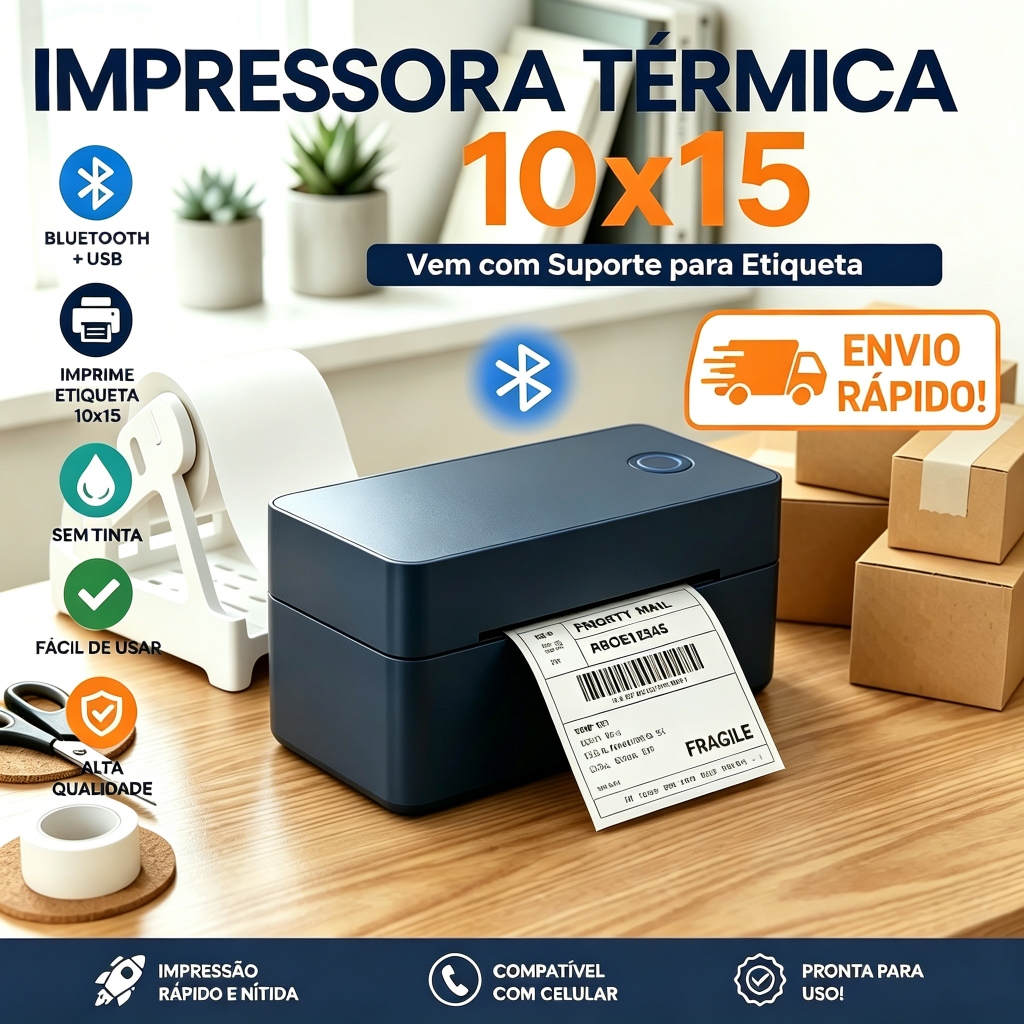 Impressora Térmica De Etiquetas 10x15 Bluetooth 4x6 Com Rack Compatível PC E Celular