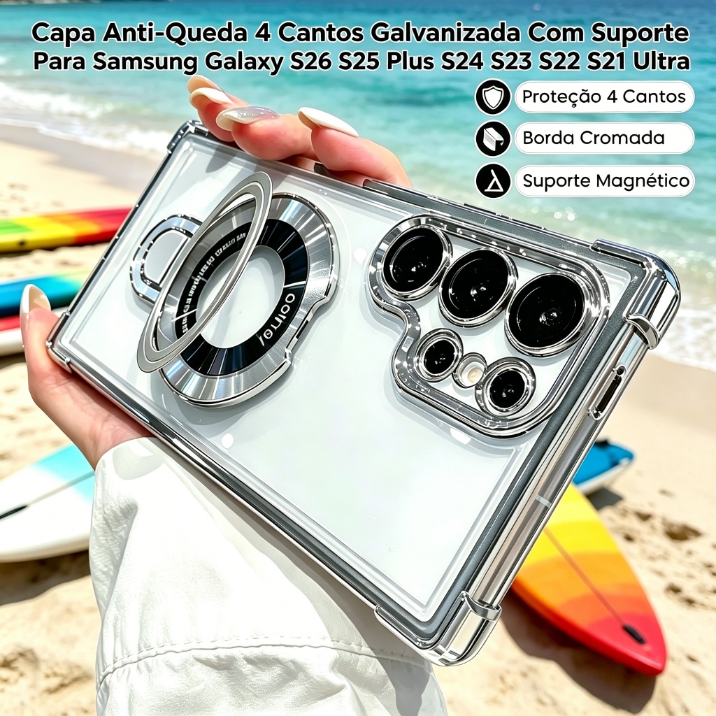 Capa Anti-Queda 4 Cantos Galvanizada Com Suporte Magnético Para Samsung Galaxy S26 S25 S24 S23 S22 S21 Ultra