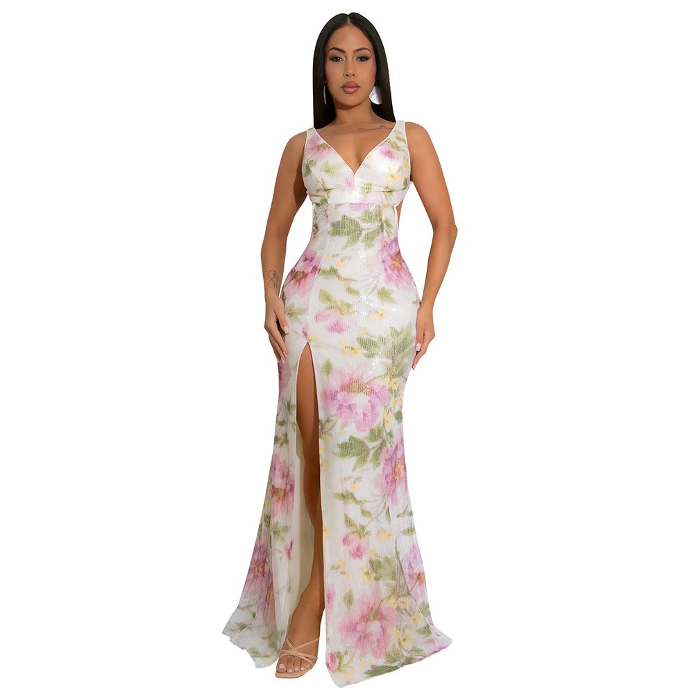 Sexy estilingue com decote em V fenda alta vestido de lantejoulas veludo lantejoulas estampado saia longa