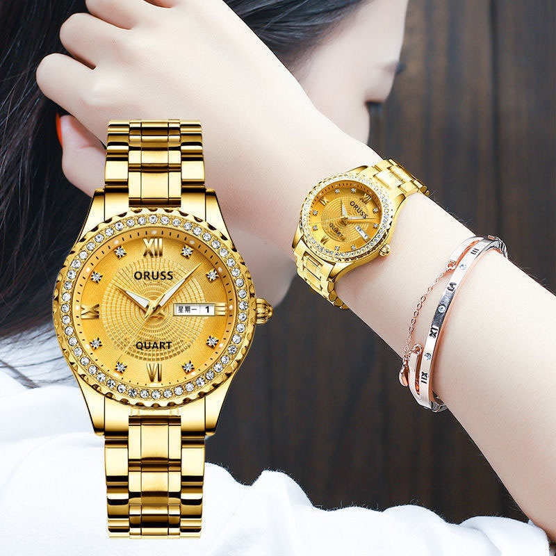 ORUSS Original Feminino Aço Inoxidável Ouro Luxo Luminoso À Prova D 'Água Duplo Calendário Relógio Moda Versão Coreana R