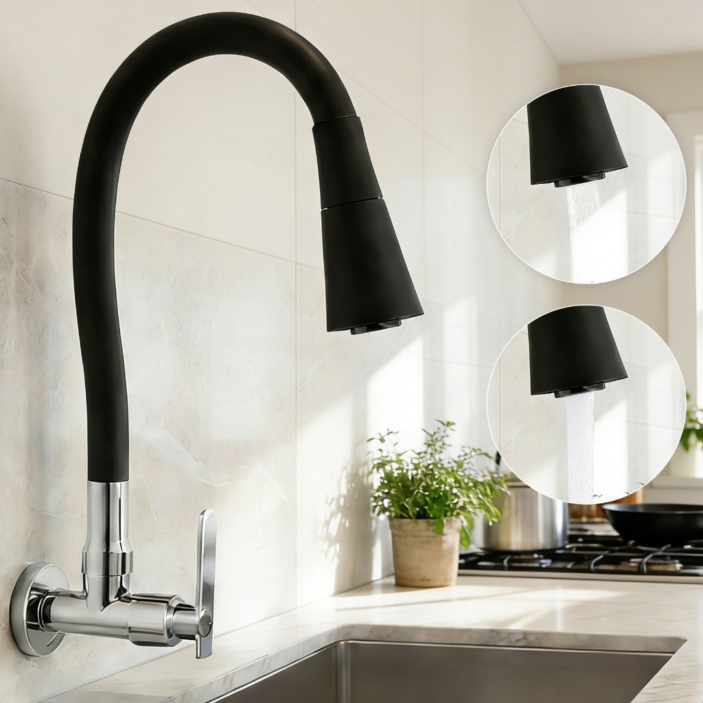 360 ° Torneira De Cozinha Giratória Flexível , Tipo Cone De Spray Duplo Preto Montado Na Parede/Jarra