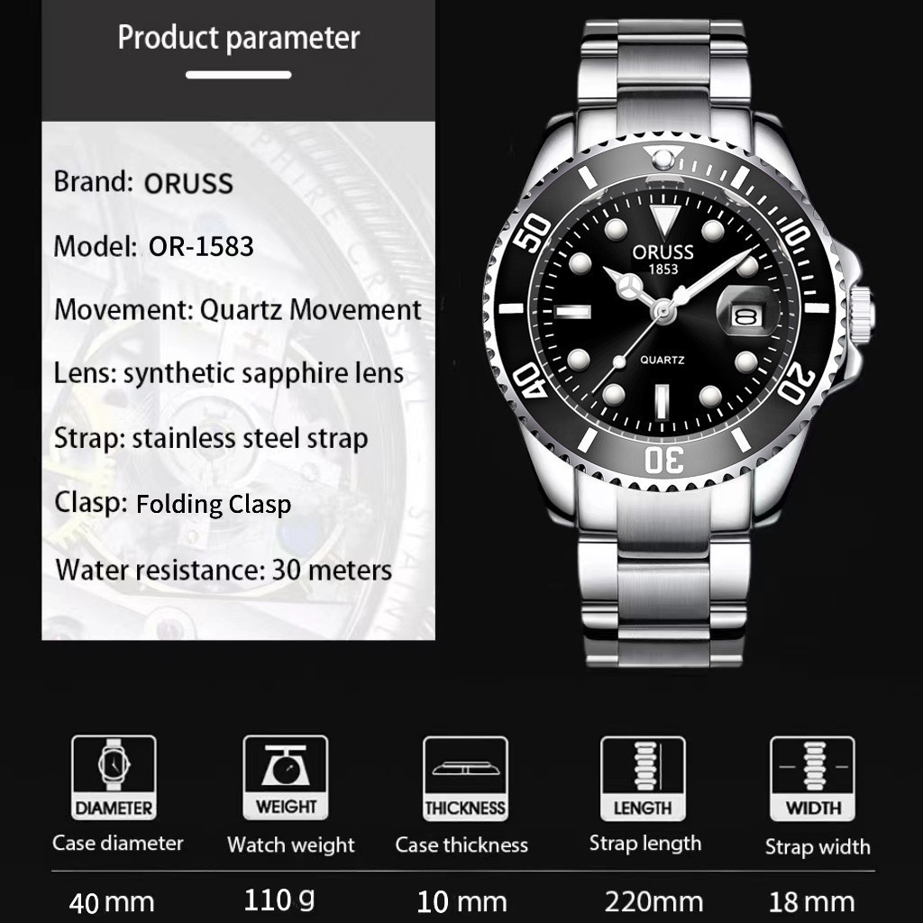 ORUSS Marca Original Masculino Luxo Calendário de Aço Inoxidável À Prova D 'Água Luminosa Relógio de Negócios Moda Corea