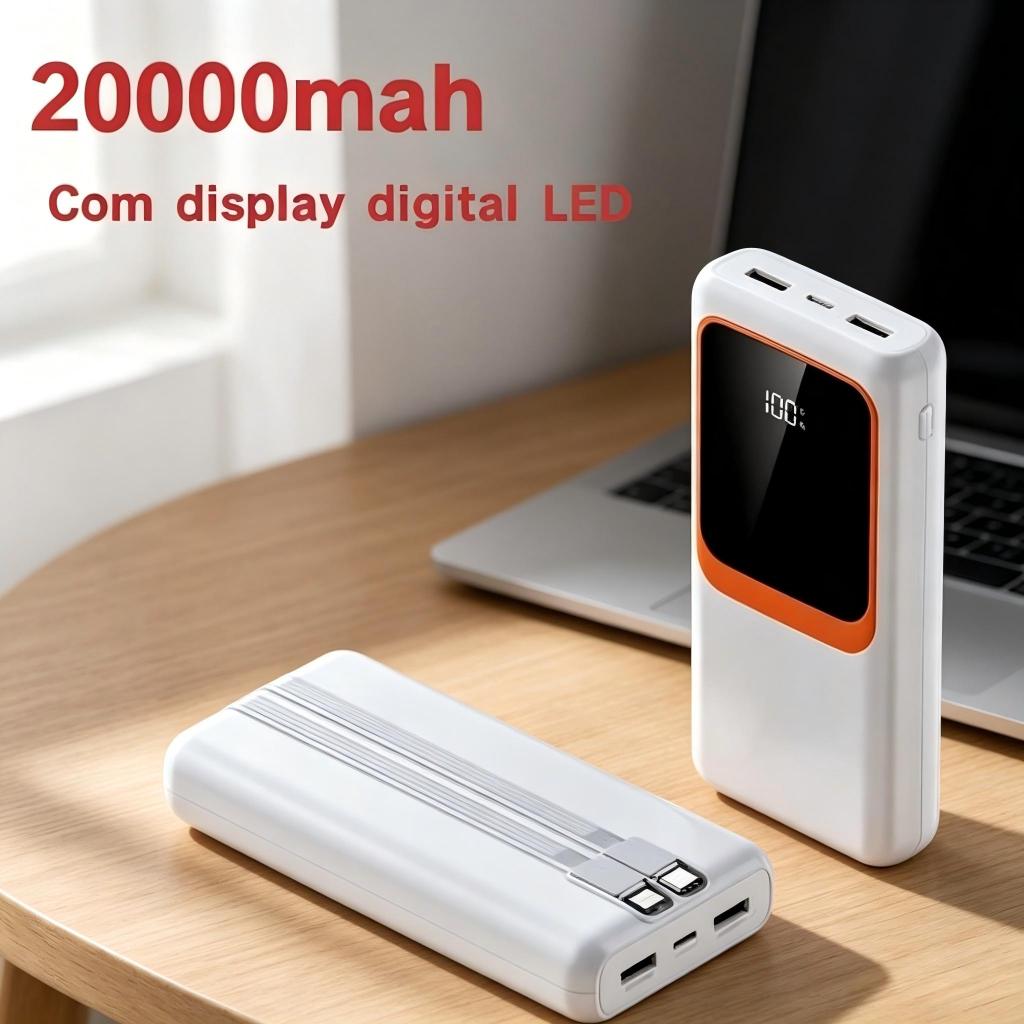 Power Bank 20000mAh com Display Digital LED, Turbo 22.5W Recarga Rápida, Carregador Portátil Alta Capacidade para Celula