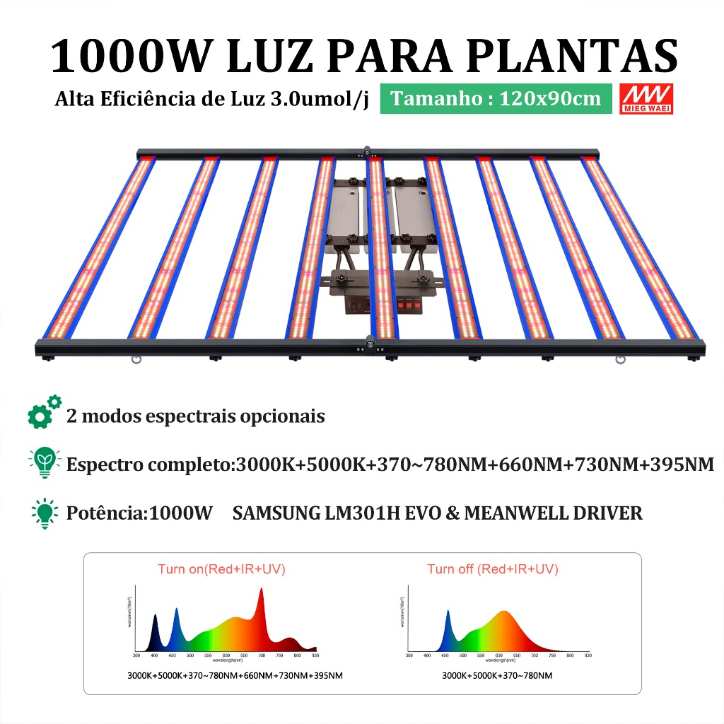 Lâmpada de Cultivo Espectro Completo 240W-1000W LED Samsung LM301H EVO Fonte Meanwell Temporizador Ajustável Para Planta