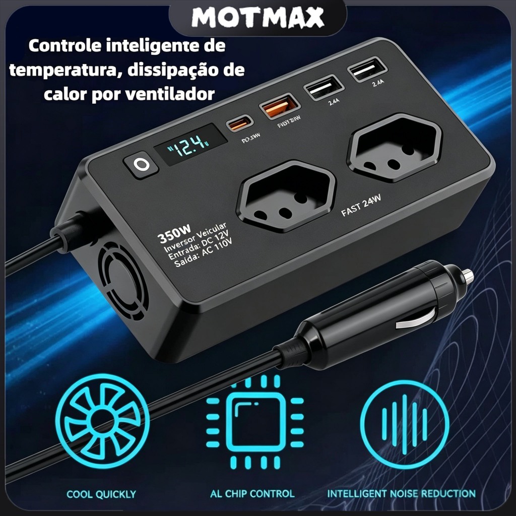 Inversor de Corrente 350W 12V para 110V/220V – 3 Portas USB + 1 Tipo-C ,Conversor de Energia para Carro e Viagem