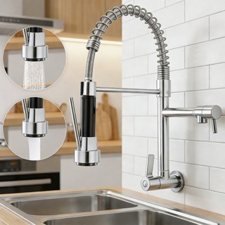 Torneira De Cozinha Com Mola De Montagem Em Parede Saída Dupla 360 ° Giratório