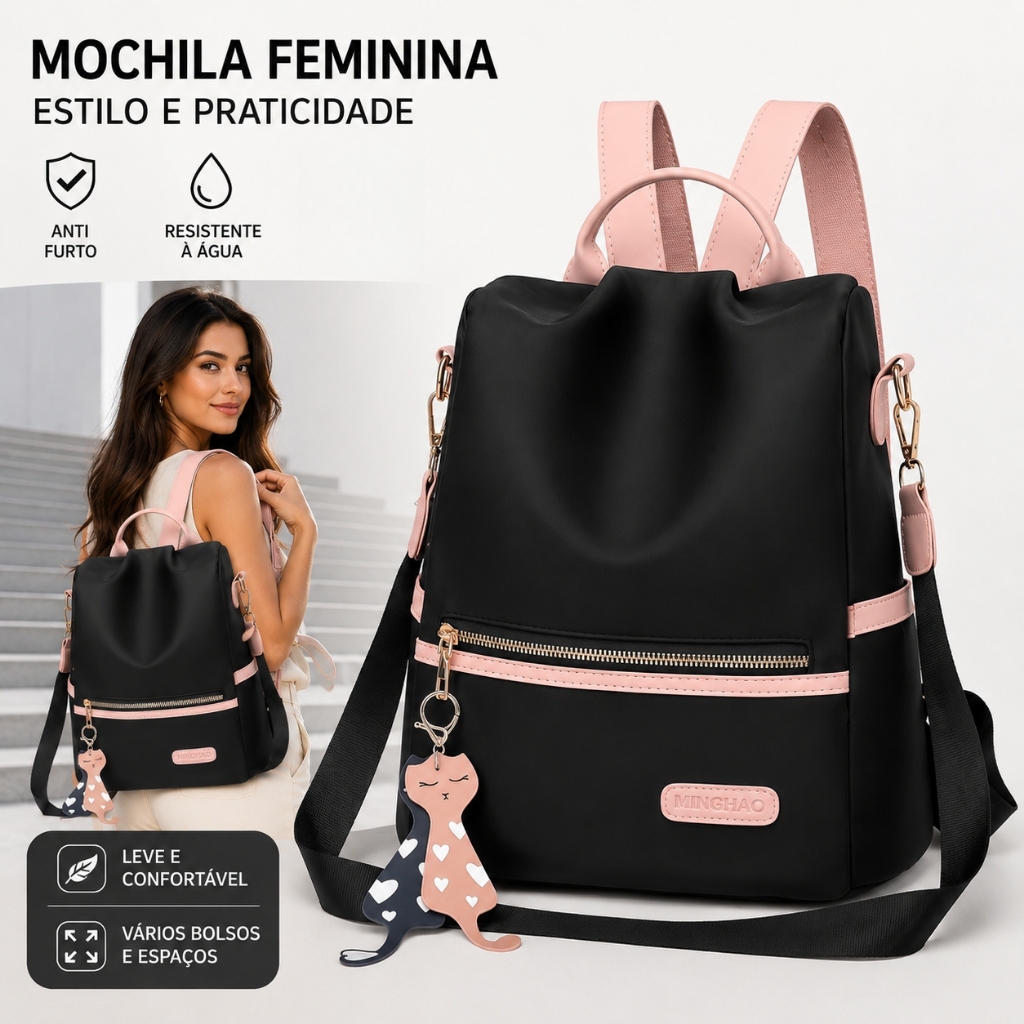 Bolsa Mochila Feminina Grande Antifurto Impermeável Reforçada Com Alça Costas e Transversal