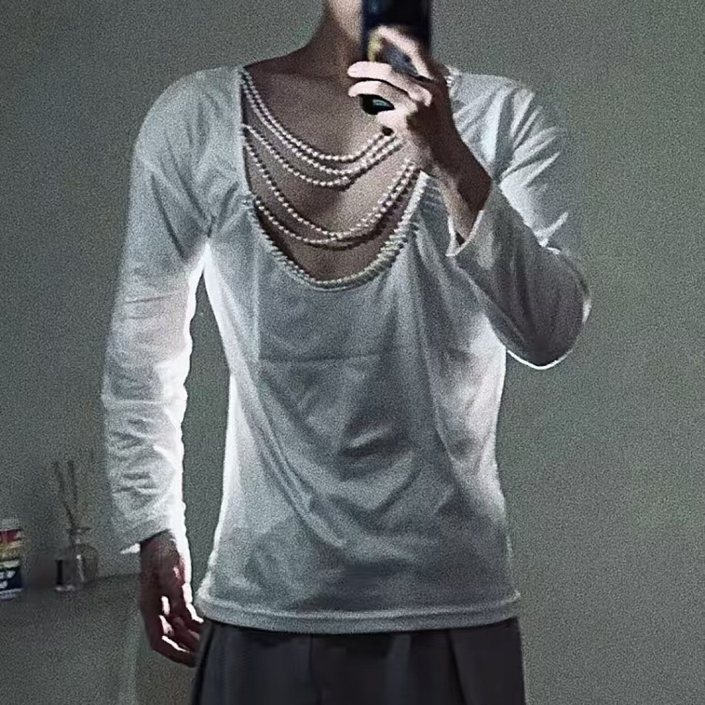 CP087 Camiseta Masculina Moda Frisada Design Oco Sexy Muscle Men Halter Fino Solto Top de Manga Comprida