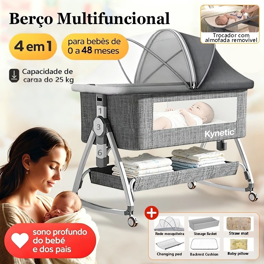 Kynetic Berço Portátil Moises Com Balanço Mosquiteiro e Cesto，Altura Ajustável - Cinza Aço Carbono Seguro